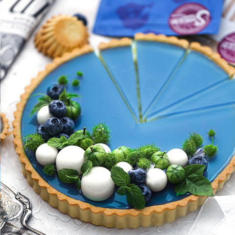 Blue Butterfly Pea & Lychee Tart with Quinoa Shortbread Crust