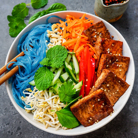 Blue Butterfly Pea Glass Noodles Salad with Chili Lemongrass Tofu
