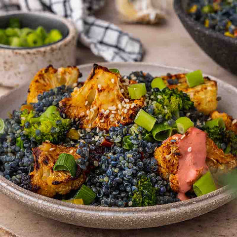 Butterfly Pea Fried Quinoa Red Beet Lemon Cream Dressing