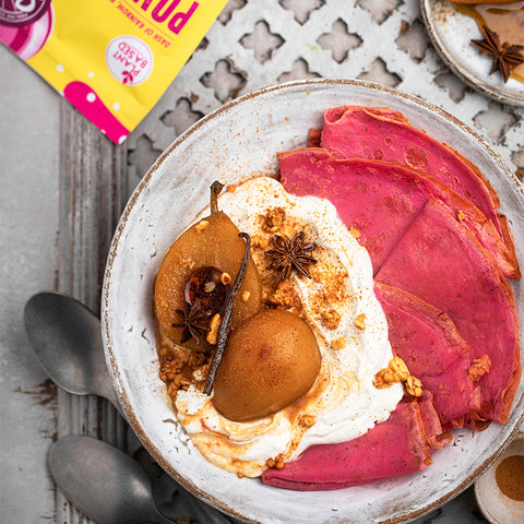 Power Pink Pitaya Crepes with Yogurt and Poached Pears