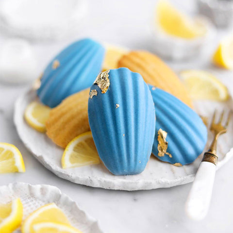 Lemon Madeleines Dipped in Aqua Blue Spirulina White Chocolate