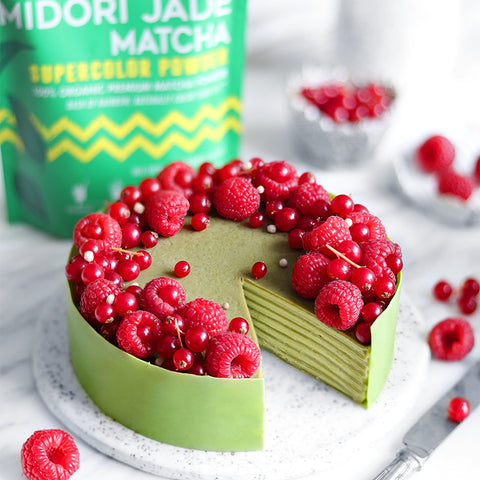 Matcha Mille Crepe Cake with Matcha Coconut Whipped Cream and Raspberries