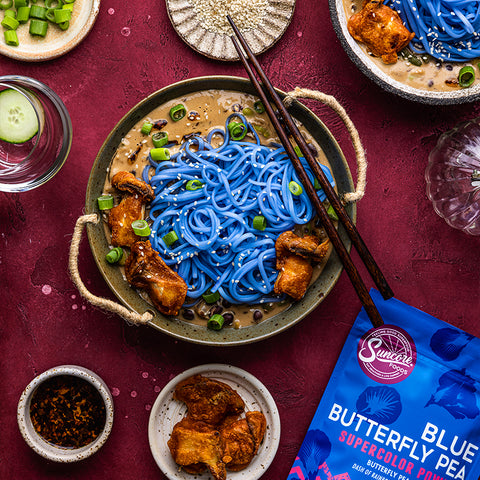 Peanut Curry Blue Butterfly Pea Noodles with Crispy King Oyster Mushrooms