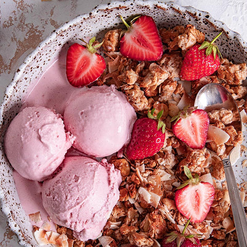 Strawberry Ice Cream with Toasted Quinoa Hemp Granola