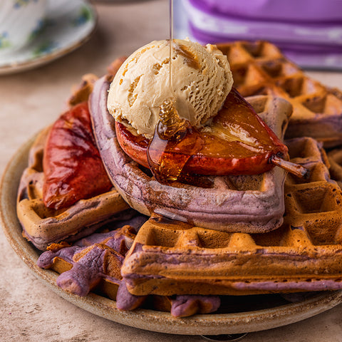Ultra Violet Waffles with Pan Fried Pears