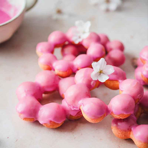 Red Beet Glazed Flower Pong de Ring Donuts