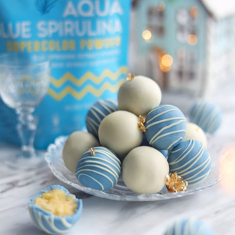 Aqua Blue Spirulina White Chocolate Cake Bliss Balls